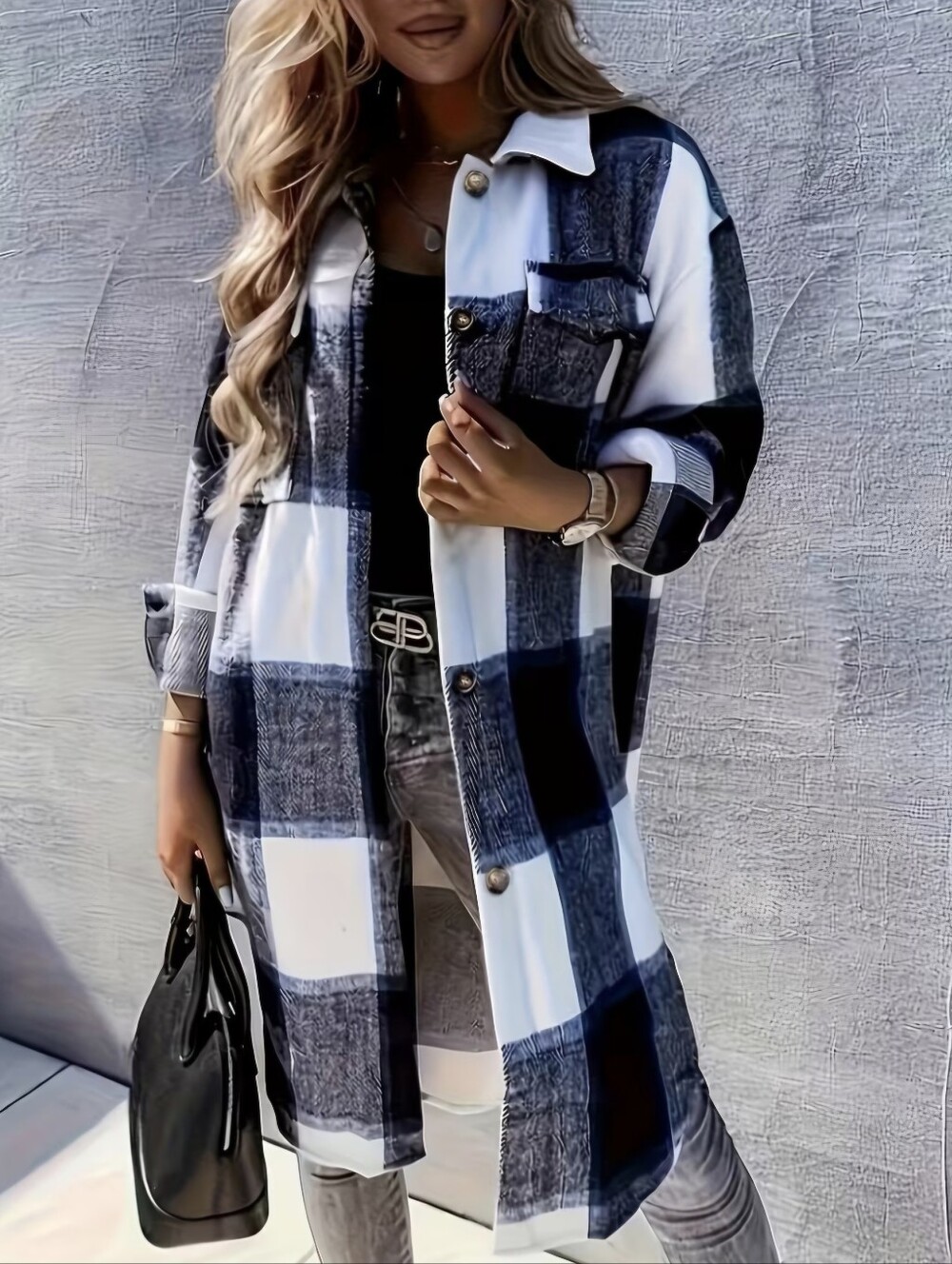 Plaid Print Long Length Jacket, Casual Button Front Flap Pockets Outerwear